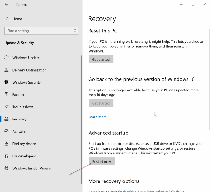 open advanced startup options in Windows 10 pic1