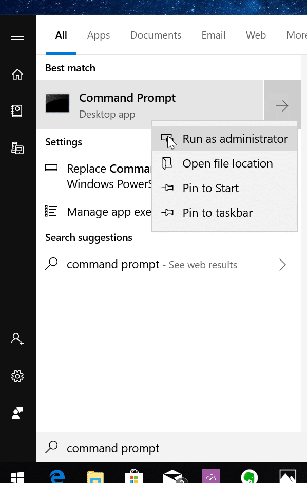open command prompt as administrator in Windows 10