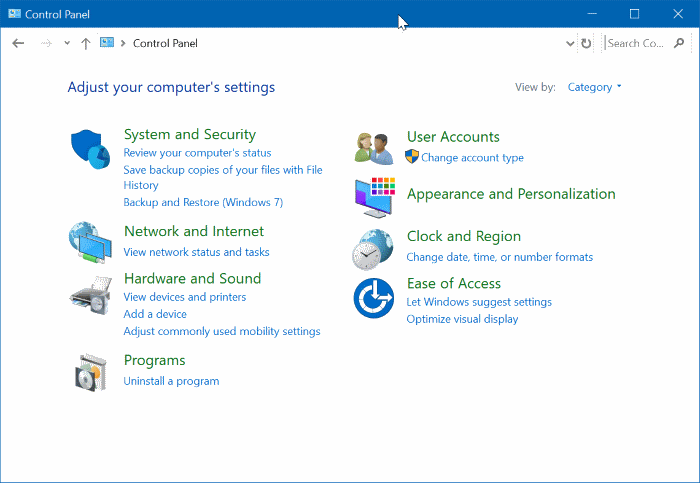 open control panel in Windows 10