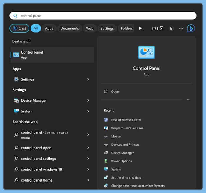 open control panel in Windows 11