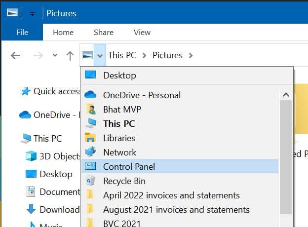 open control panel via File Explorer in Windows 10