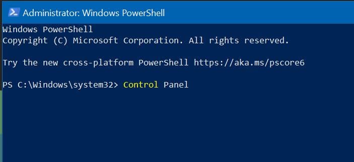 open control panel via PowerShell in Windows 10