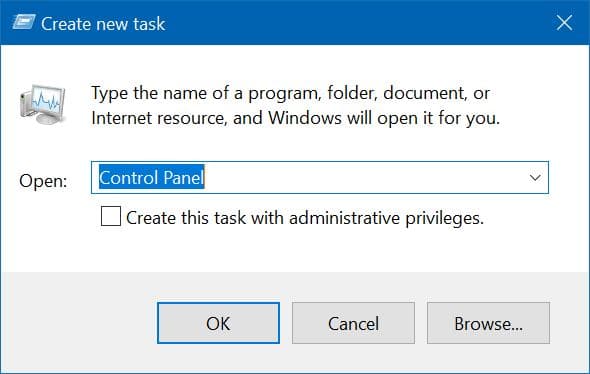 open control panel via Task Manager in Windows 10 pic1