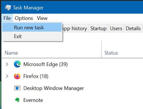 open control panel via Task Manager in Windows 10