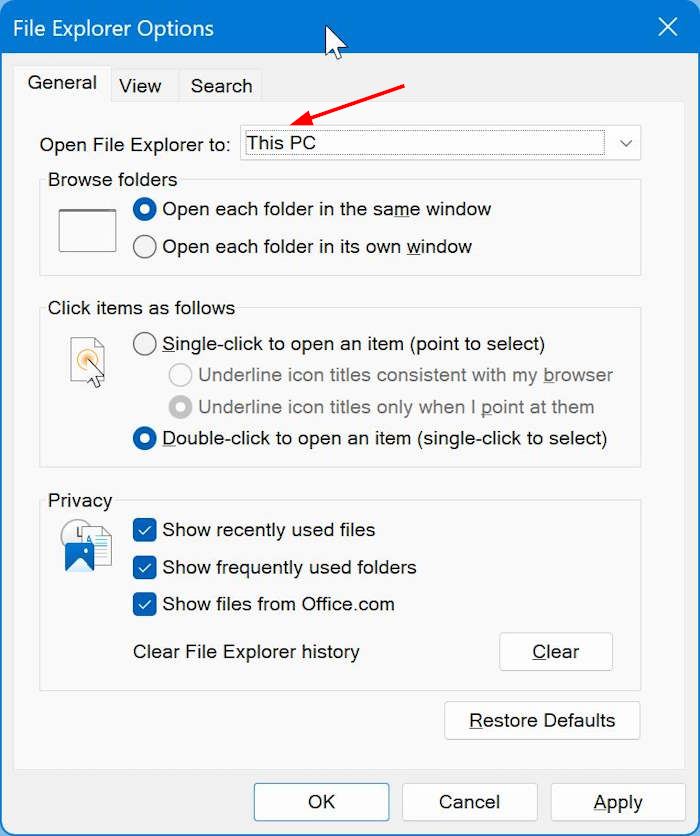 open file explorer by default in Windows