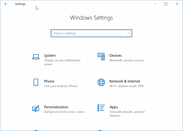 open settings in Windows 10
