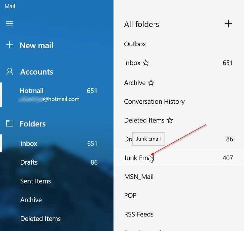 open spam folder in Windows 10 mail app pic2