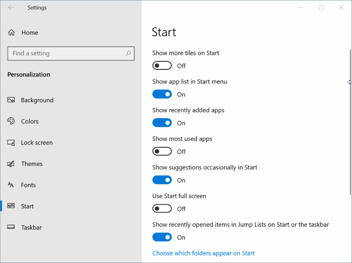 open start menu settings in Windows 10