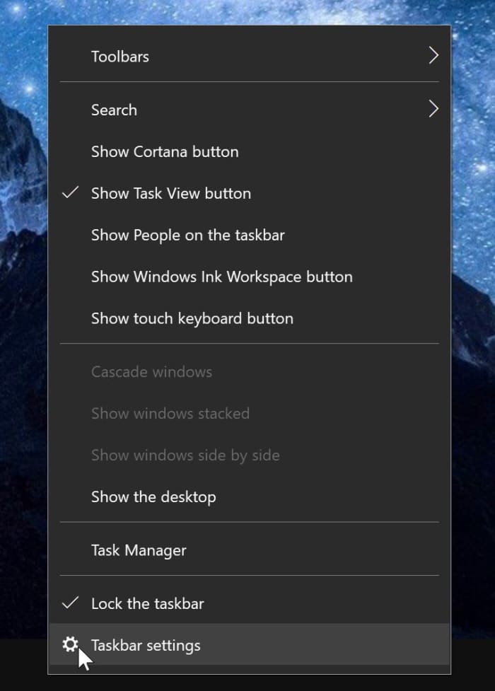 open taskbar settings in Windows 10 pic1