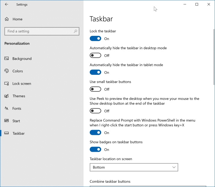 open taskbar settings in Windows 10