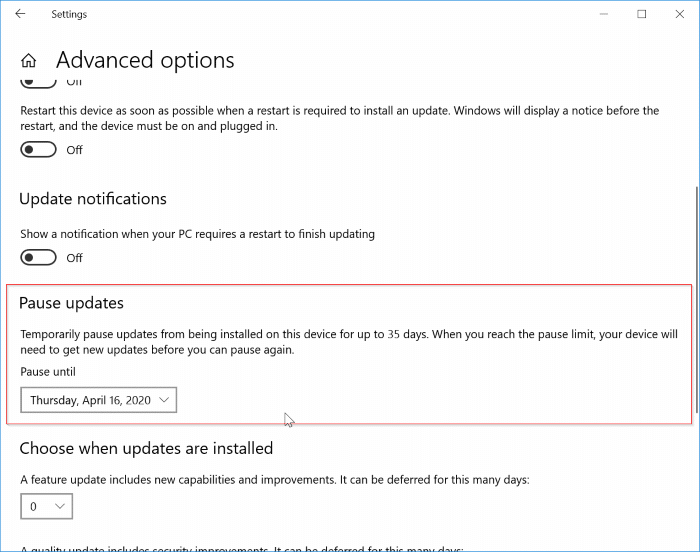 pause updates in Windows 10 pic2