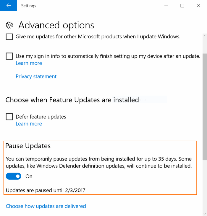 pause updates in Windows 10