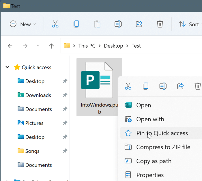 pin files to file explorer quick access in Windows 11 pic1
