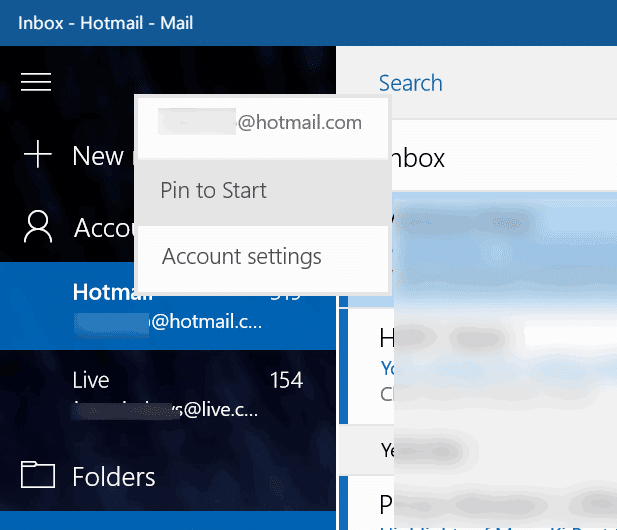 pin individual email account to start menu Windows 10 pic1