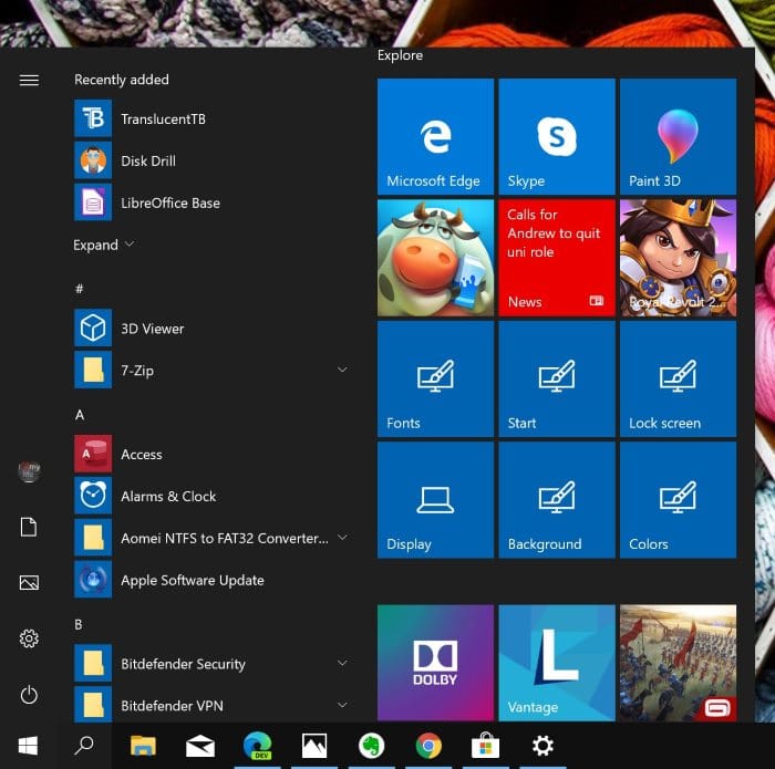 Start menu settings in Windows 10