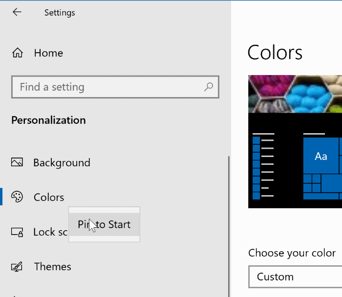 pin specific settings to Windows 10 Start menu