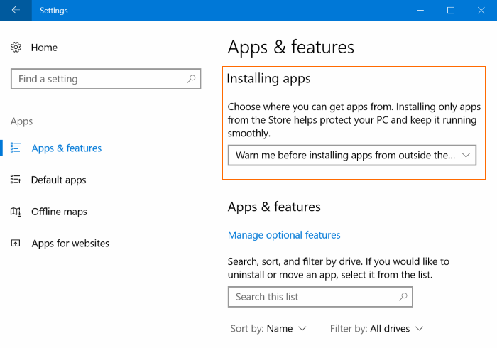 prevent apps installing from outside the Store in Windows 10 pic1