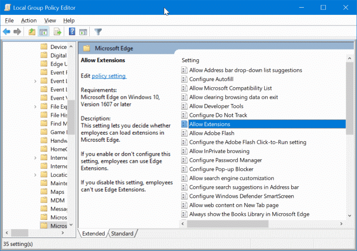 prevent installing extensions in Edge in Windows 10 pic1
