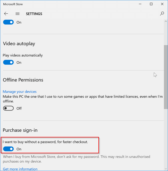 purchase apps without password from Windows 10 Store pic2