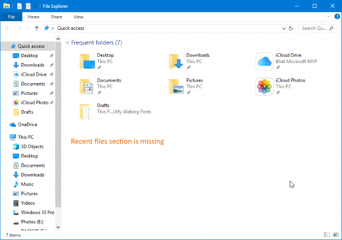 quick access not showing recent files in Windows 10 pic01