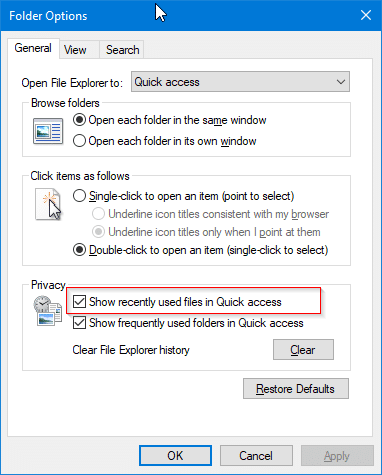 quick access not showing recent files in Windows 10 pic2