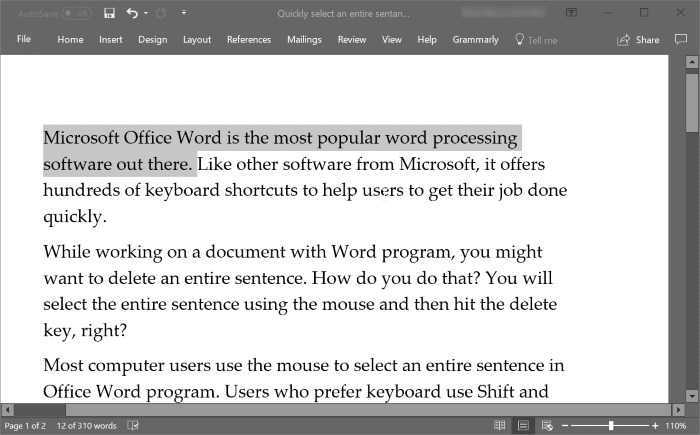 quickly select an entire sentence in Office Word pic1
