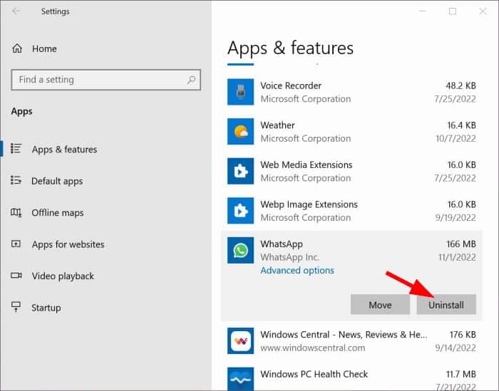 uninstall whatsapp in Windows