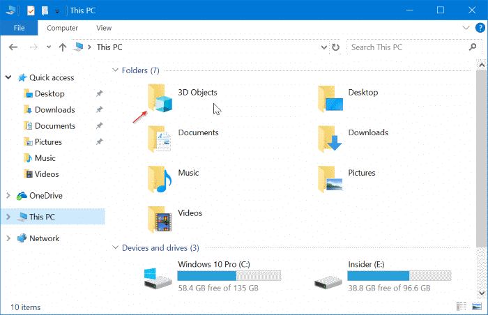 remove 3D objects folder from this PC in Windows 10 pic1