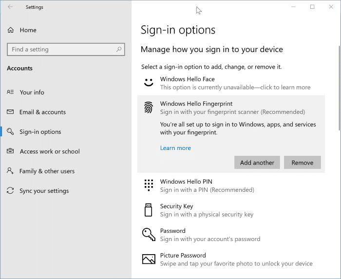 remove Windows Hello fingerprint password pic1