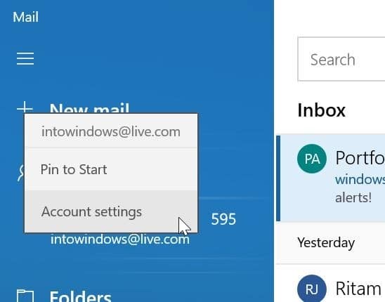 remove an email account from Mail app in Windows 10 pic1