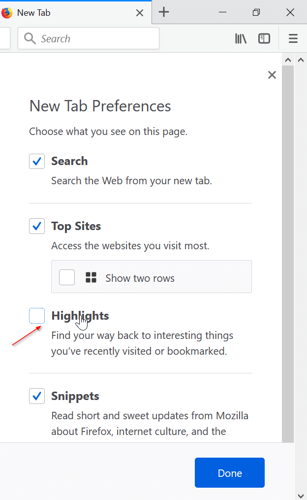 remove highlights from firefox new tab page pic3