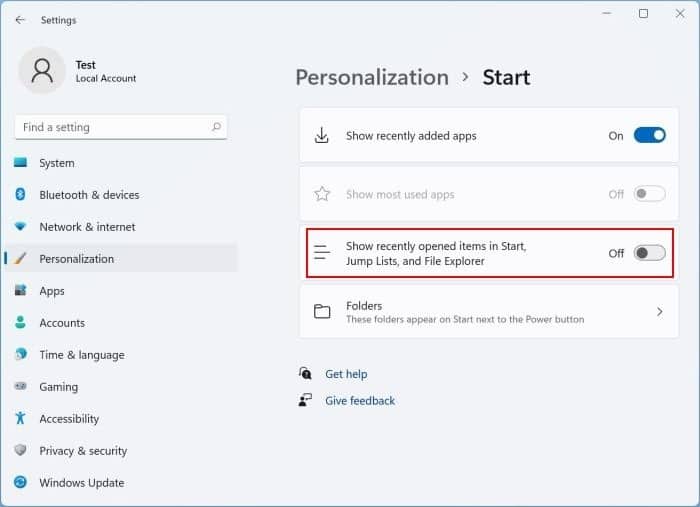 remove or disable recent files from Start menu in Windows 11 pic3
