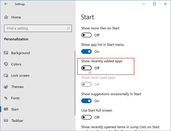 remove recently added apps from Start menu in Windows 10 pic3