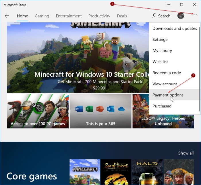 remove saved credit card information from Windows 10 Store