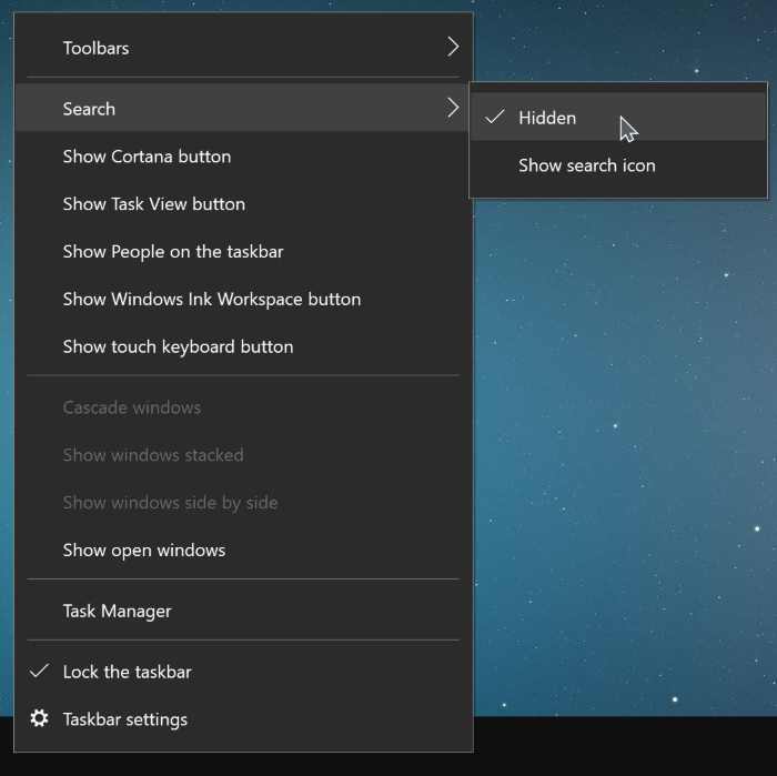 remove search box from Windows 10 taskbar