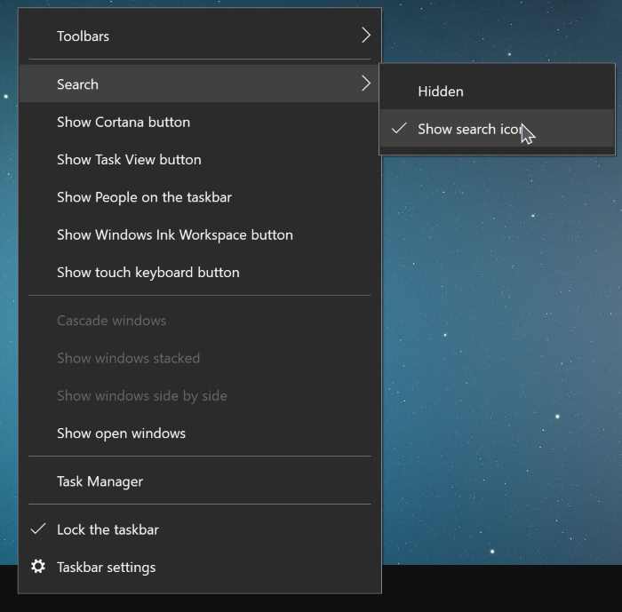 remove search box from Windows 10 taskbar