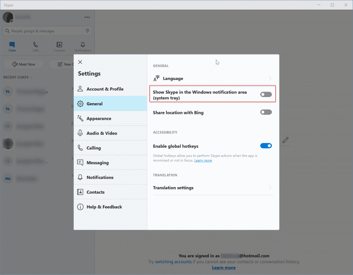 remove skype icon from taskbar or system tray in Windows 10 pic1