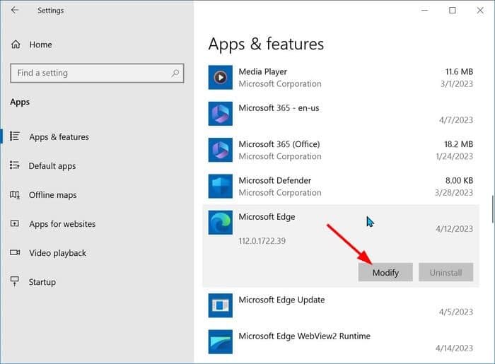 repair Microsoft Edge in Windows 