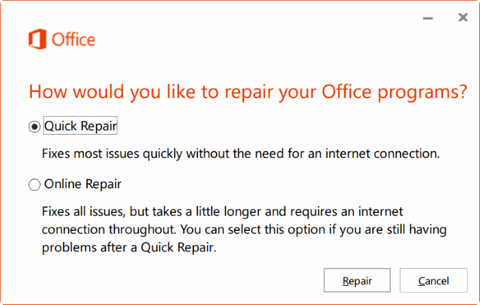 repair Office 365 install on Windows 10 step3