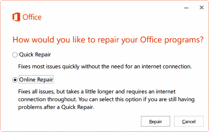 repair Office 365 install on Windows 10 step7
