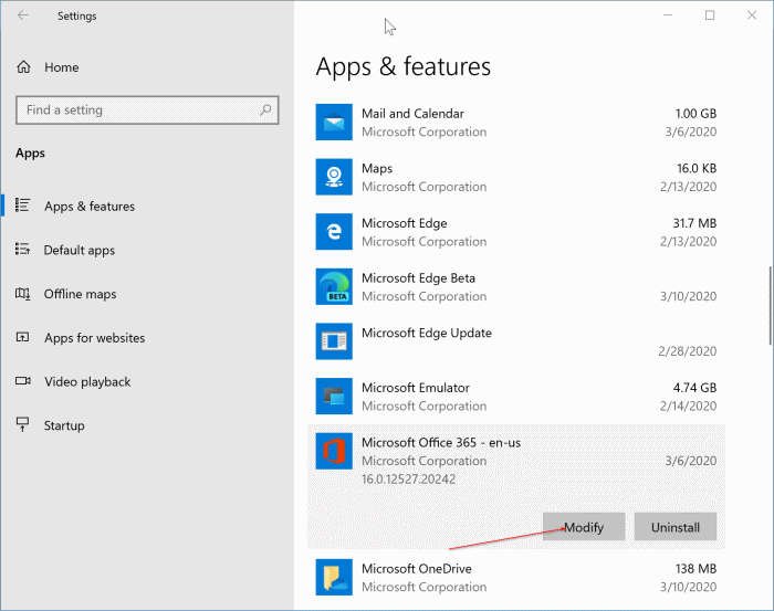 repair Office 365 installation in Windows 10 pic1