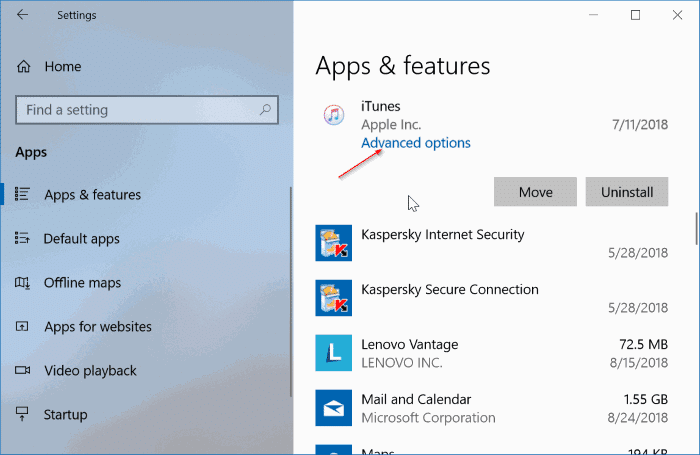 repair and reset iTunes in Windows 10 pic1