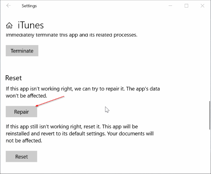 repair and reset iTunes in Windows 10 pic2