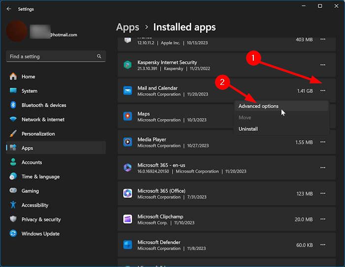 reset Mail app in Windows 11 pic1