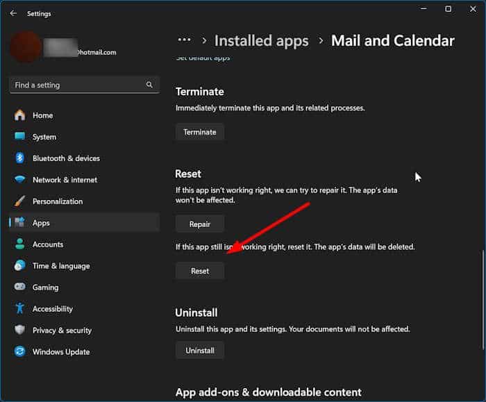 reset Mail app in Windows 11 pic2