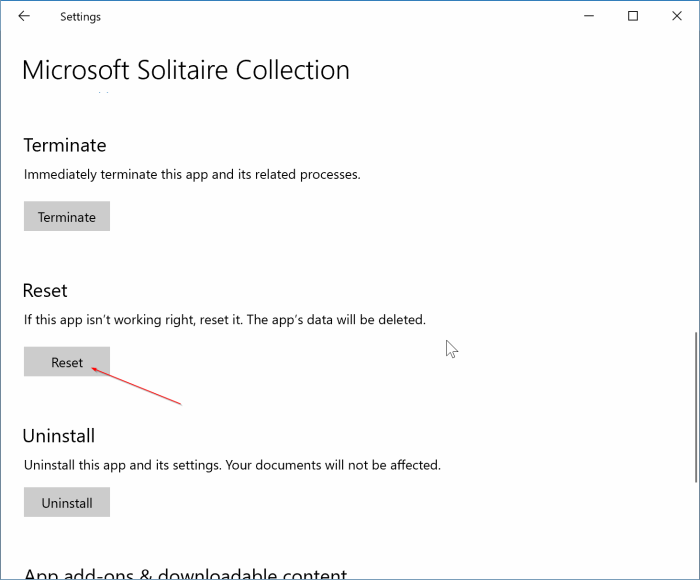 reset Microsoft solitaire collection in Windows 10 pic2