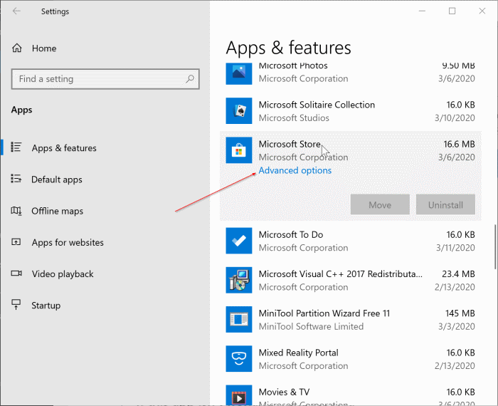reset Windows 10 Store app pic1