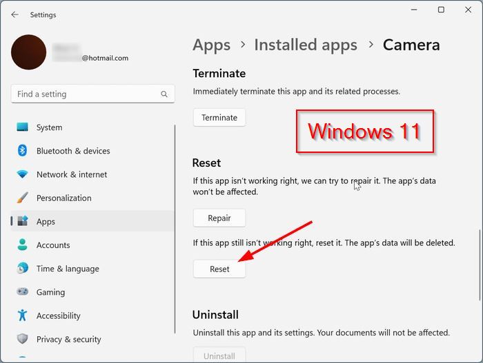 reset and reinstall Camera in Windows 11