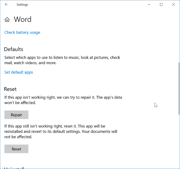 reset and repair Office 365 apps in Windows 10 pic1