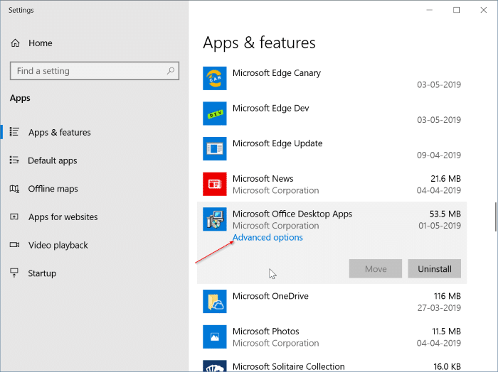 reset and repair Office 365 apps in Windows 10 pic2